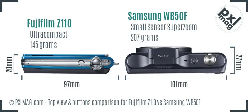 Fujifilm Z110 vs Samsung WB50F top view buttons comparison