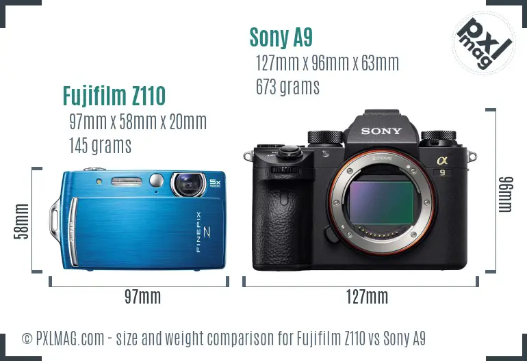 Fujifilm Z110 vs Sony A9 size comparison