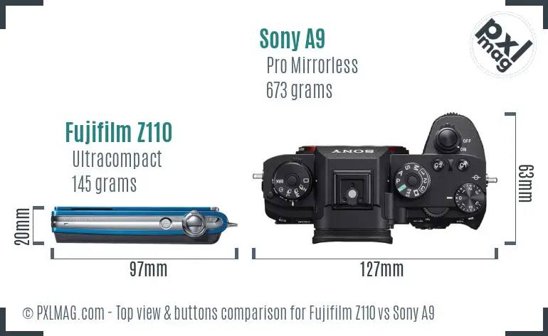 Fujifilm Z110 vs Sony A9 top view buttons comparison