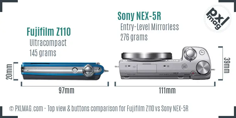Fujifilm Z110 vs Sony NEX-5R top view buttons comparison