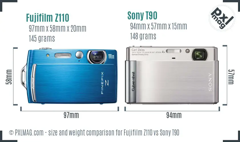 Fujifilm Z110 vs Sony T90 size comparison