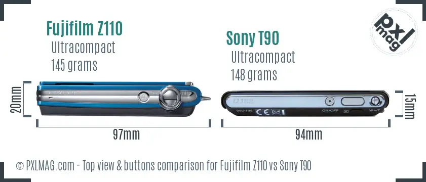 Fujifilm Z110 vs Sony T90 top view buttons comparison