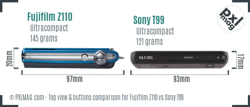 Fujifilm Z110 vs Sony T99 top view buttons comparison Fujifilm Z110 vs Sony T99 top view buttons comparison