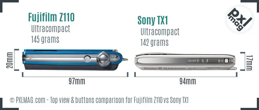 Fujifilm Z110 vs Sony TX1 top view buttons comparison