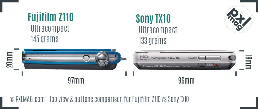 Fujifilm Z110 vs Sony TX10 top view buttons comparison