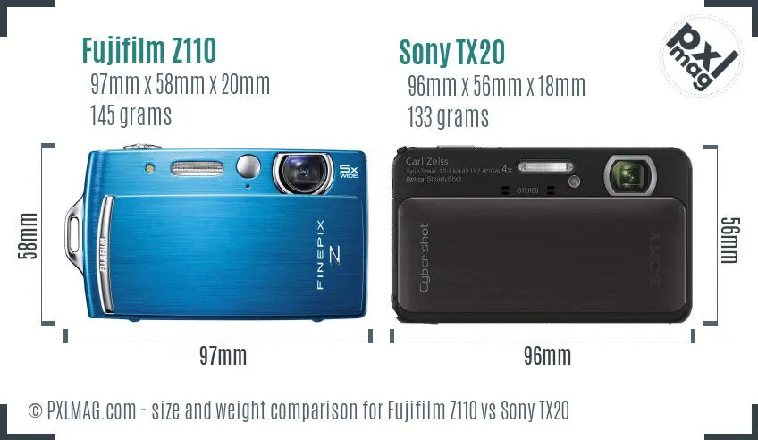 Fujifilm Z110 vs Sony TX20 size comparison