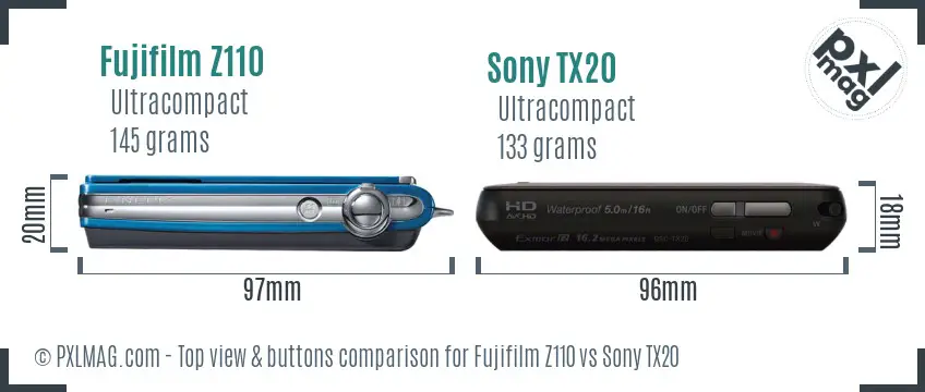 Fujifilm Z110 vs Sony TX20 top view buttons comparison