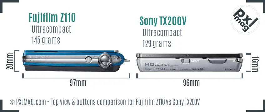 Fujifilm Z110 vs Sony TX200V top view buttons comparison
