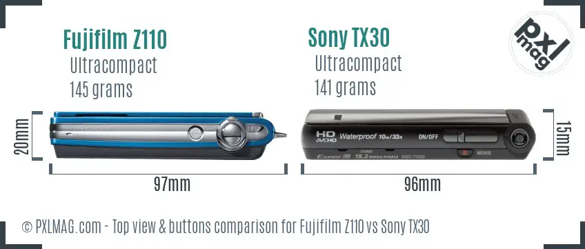 Fujifilm Z110 vs Sony TX30 top view buttons comparison