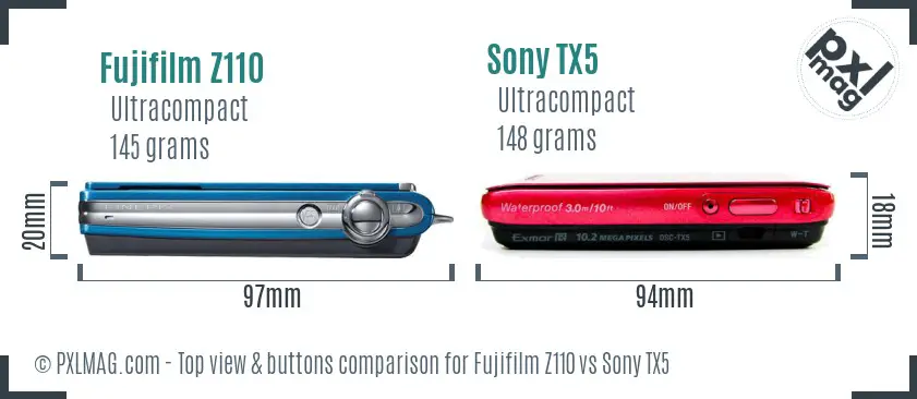 Fujifilm Z110 vs Sony TX5 top view buttons comparison
