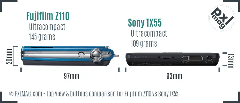 Fujifilm Z110 vs Sony TX55 top view buttons comparison