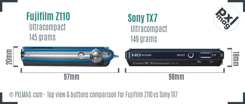 Fujifilm Z110 vs Sony TX7 top view buttons comparison