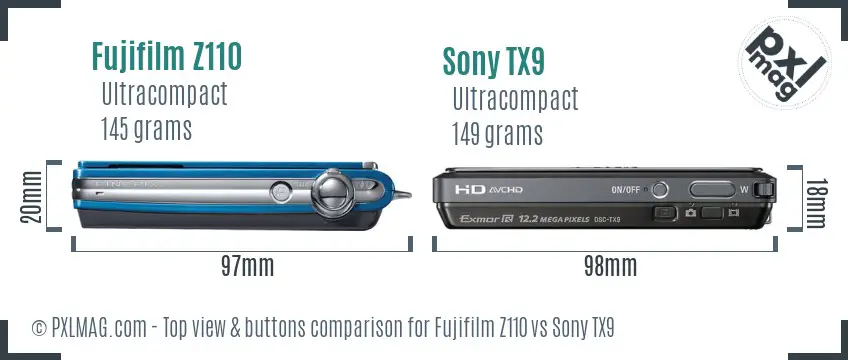 Fujifilm Z110 vs Sony TX9 top view buttons comparison