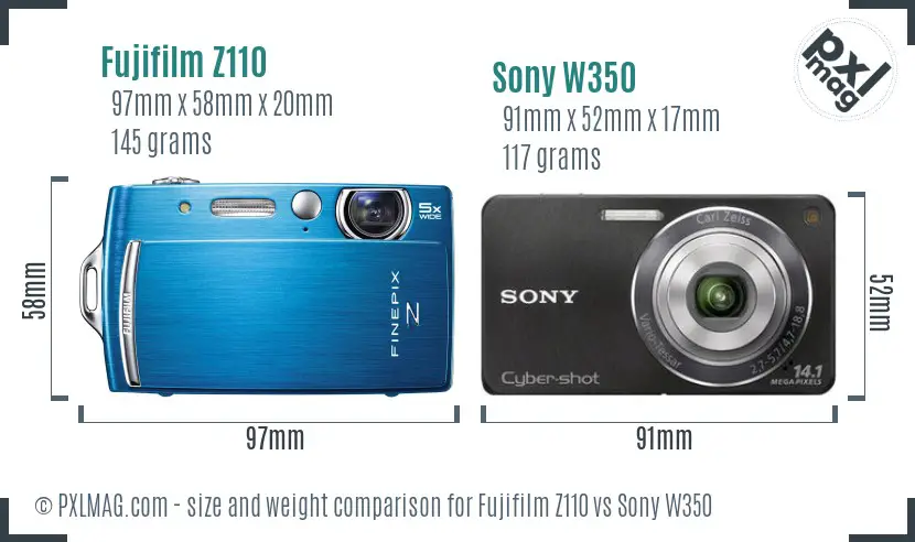 Fujifilm Z110 vs Sony W350 size comparison