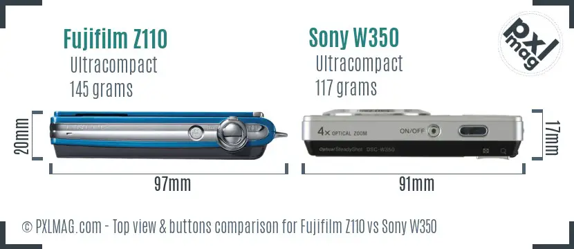 Fujifilm Z110 vs Sony W350 top view buttons comparison