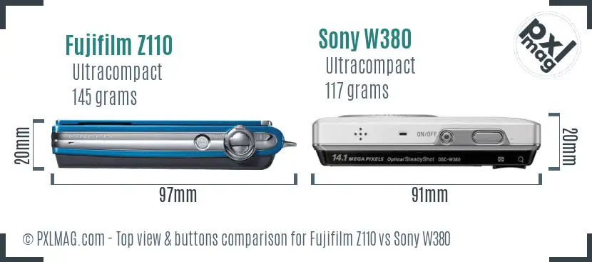 Fujifilm Z110 vs Sony W380 top view buttons comparison