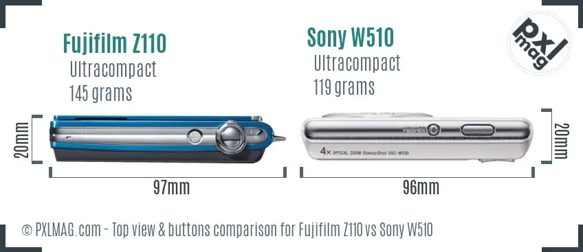 Fujifilm Z110 vs Sony W510 top view buttons comparison