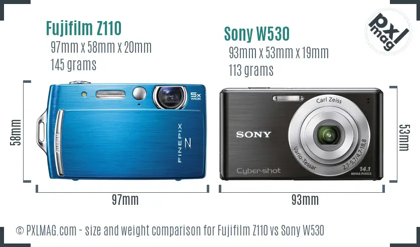 Fujifilm Z110 vs Sony W530 size comparison