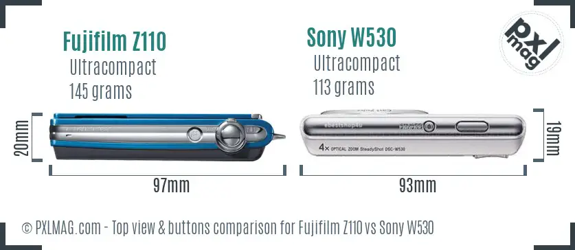 Fujifilm Z110 vs Sony W530 top view buttons comparison
