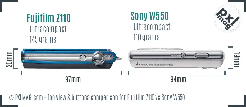 Fujifilm Z110 vs Sony W550 top view buttons comparison Fujifilm Z110 vs Sony W550 top view buttons comparison
