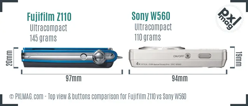 Fujifilm Z110 vs Sony W560 top view buttons comparison