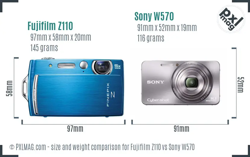Fujifilm Z110 vs Sony W570 size comparison