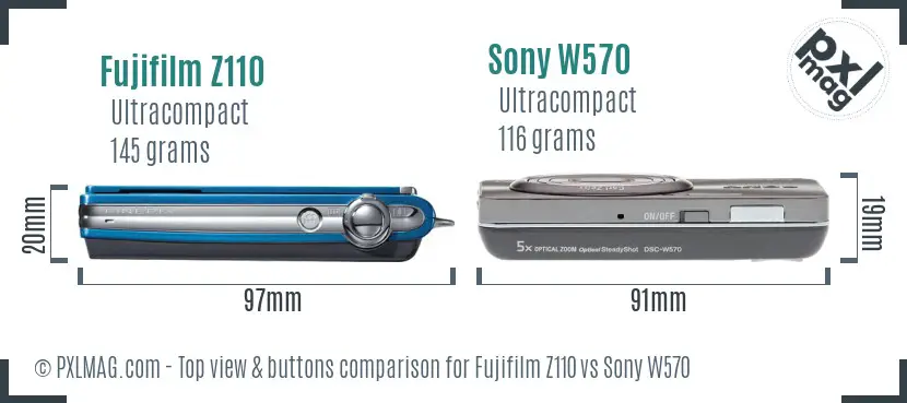 Fujifilm Z110 vs Sony W570 top view buttons comparison