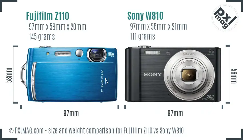 Fujifilm Z110 vs Sony W810 size comparison