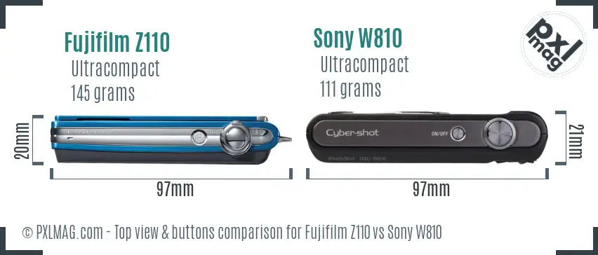 Fujifilm Z110 vs Sony W810 top view buttons comparison