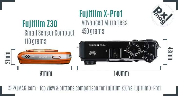 Fujifilm Z30 vs Fujifilm X-Pro1 top view buttons comparison