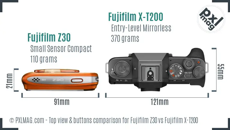 Fujifilm Z30 vs Fujifilm X-T200 top view buttons comparison