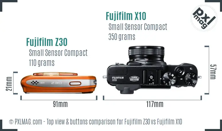 Fujifilm Z30 vs Fujifilm X10 top view buttons comparison