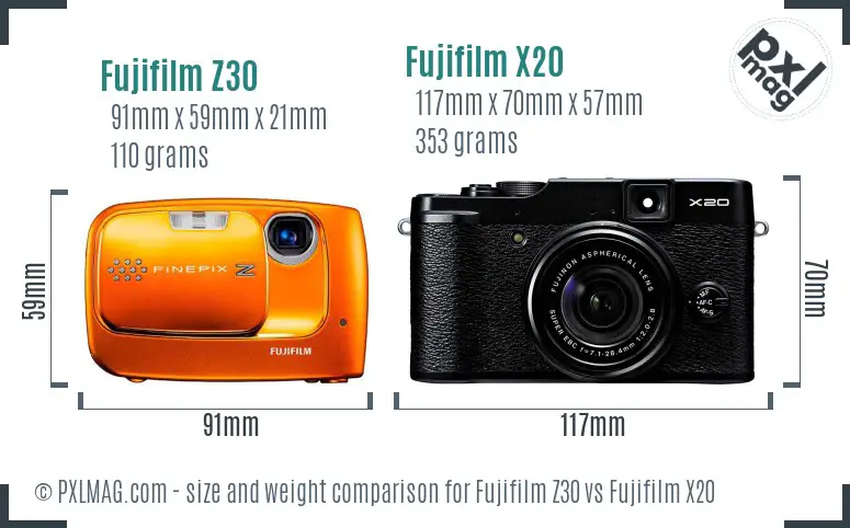 Fujifilm Z30 vs Fujifilm X20 size comparison