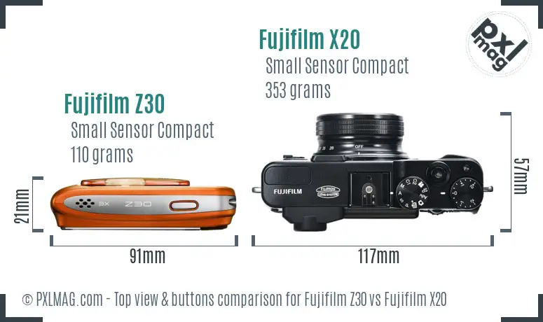 Fujifilm Z30 vs Fujifilm X20 top view buttons comparison