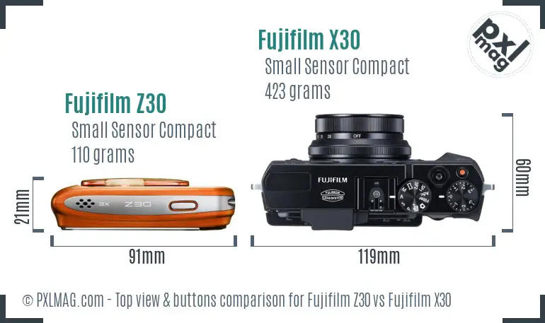 Fujifilm Z30 vs Fujifilm X30 top view buttons comparison