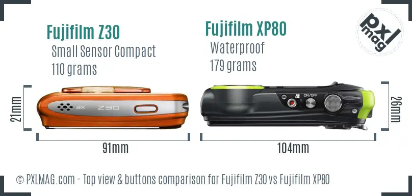 Fujifilm Z30 vs Fujifilm XP80 top view buttons comparison