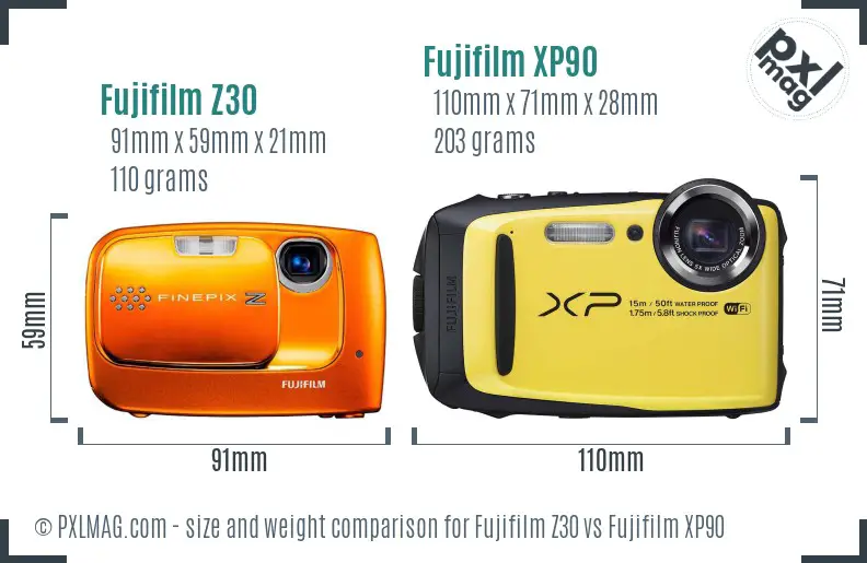 Fujifilm Z30 vs Fujifilm XP90 size comparison