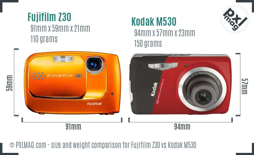 Fujifilm Z30 vs Kodak M530 size comparison