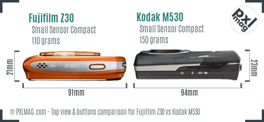 Fujifilm Z30 vs Kodak M530 top view buttons comparison