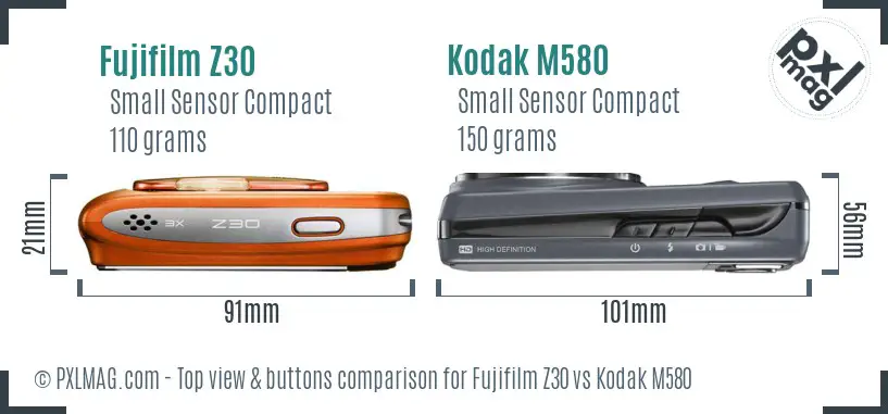 Fujifilm Z30 vs Kodak M580 top view buttons comparison