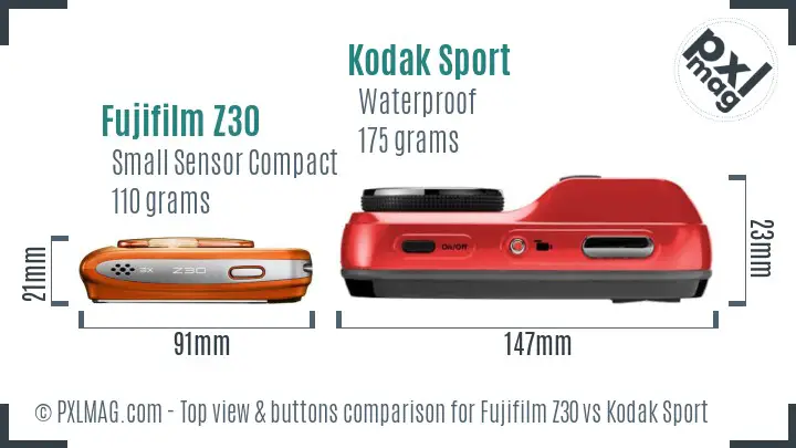 Fujifilm Z30 vs Kodak Sport top view buttons comparison