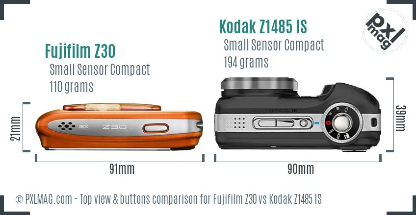 Fujifilm Z30 vs Kodak Z1485 IS top view buttons comparison