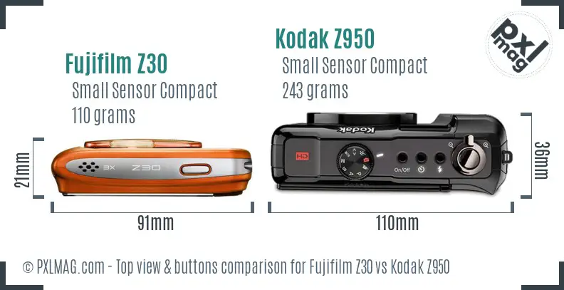 Fujifilm Z30 vs Kodak Z950 top view buttons comparison Fujifilm Z30 vs Kodak Z950 top view buttons comparison