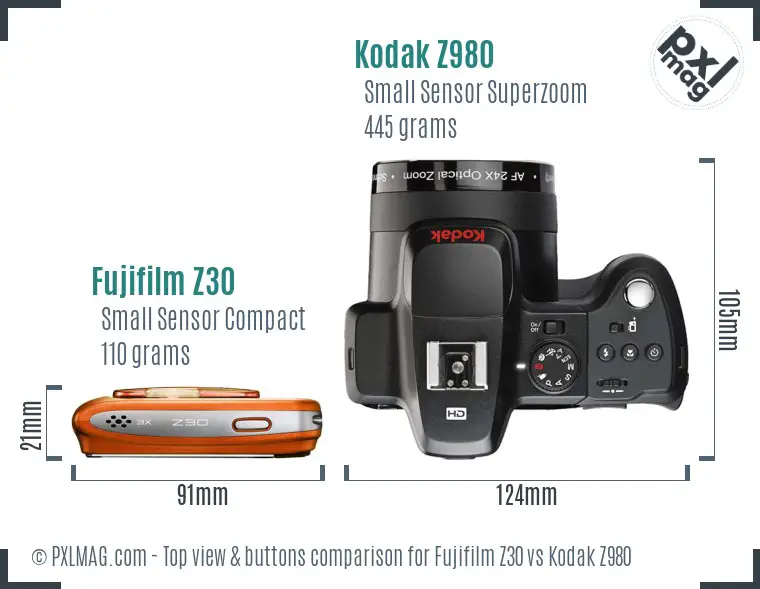 Fujifilm Z30 vs Kodak Z980 top view buttons comparison