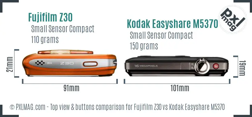 Fujifilm Z30 vs Kodak Easyshare M5370 top view buttons comparison