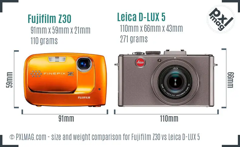 Fujifilm Z30 vs Leica D-LUX 5 size comparison