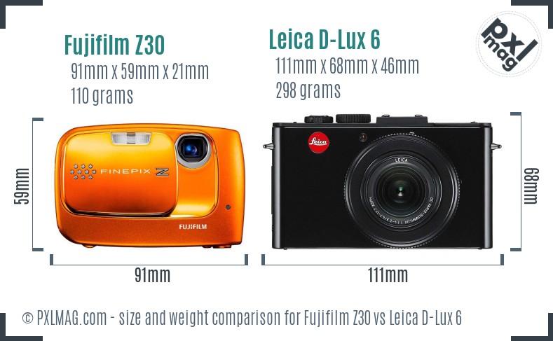 Fujifilm Z30 vs Leica D-Lux 6 size comparison