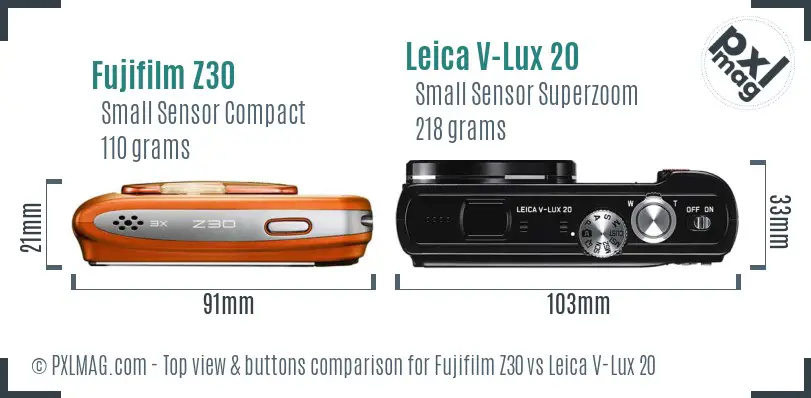 Fujifilm Z30 vs Leica V-Lux 20 top view buttons comparison Fujifilm Z30 vs Leica V-Lux 20 top view buttons comparison