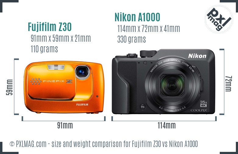 Fujifilm Z30 vs Nikon A1000 size comparison Fujifilm Z30 vs Nikon A1000 size comparison