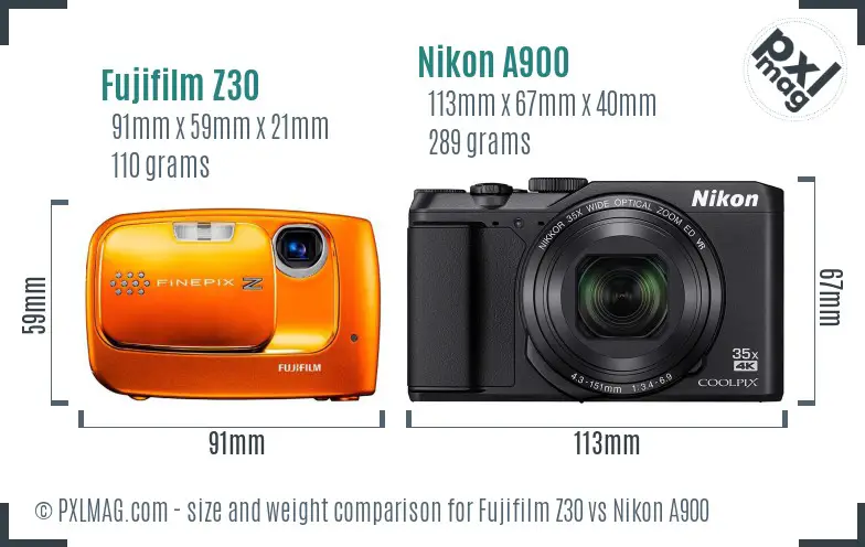 Fujifilm Z30 vs Nikon A900 size comparison Fujifilm Z30 vs Nikon A900 size comparison